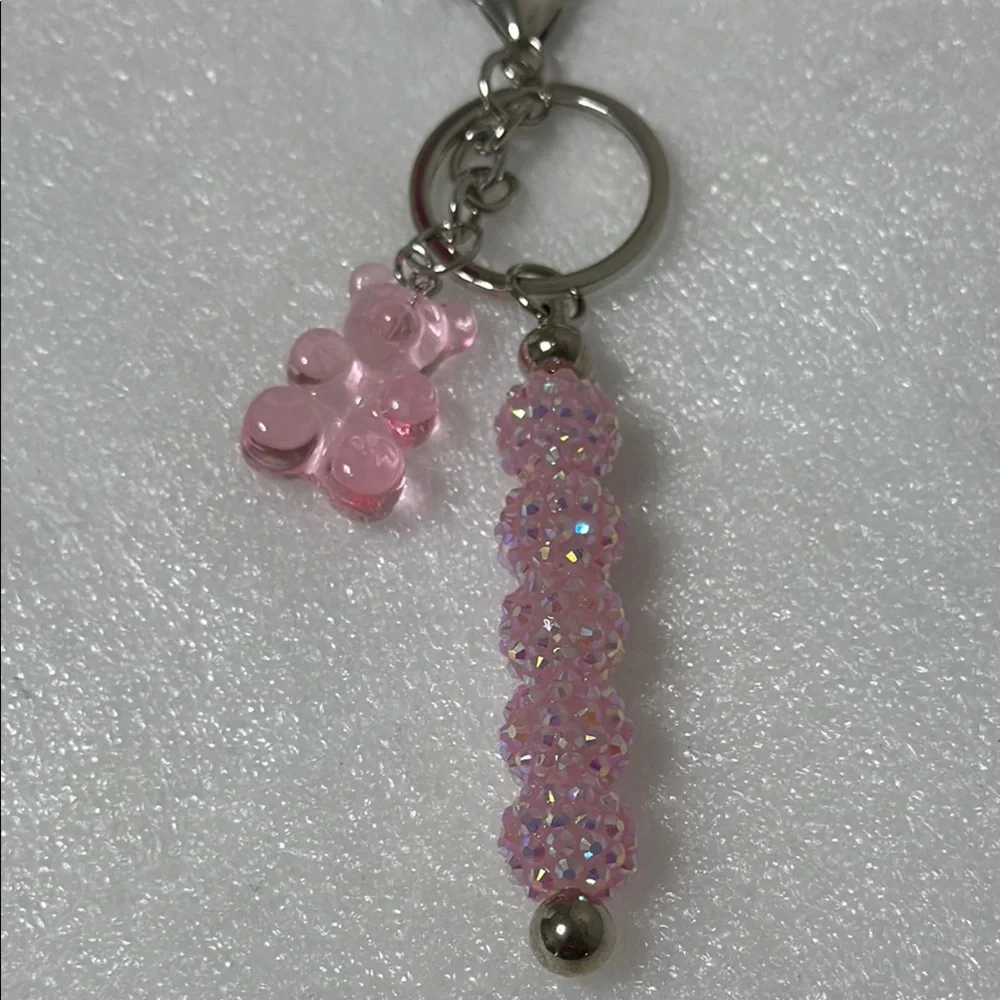 Pink Beaded Keychain with Bear Charm